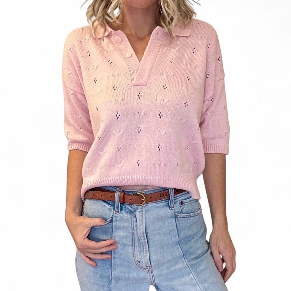 Vintage 1990s Susan Bristol Polo Sweater S Pink Granny Pointelle Preppy Tennis